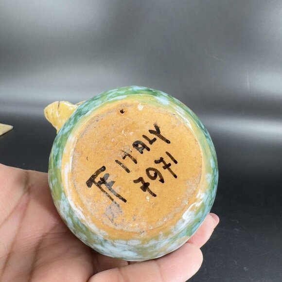 Vintage Hand Made Italian Pottery Small Pitcher Creamer Made Italy Leaf Handle - Picture 9 of 16